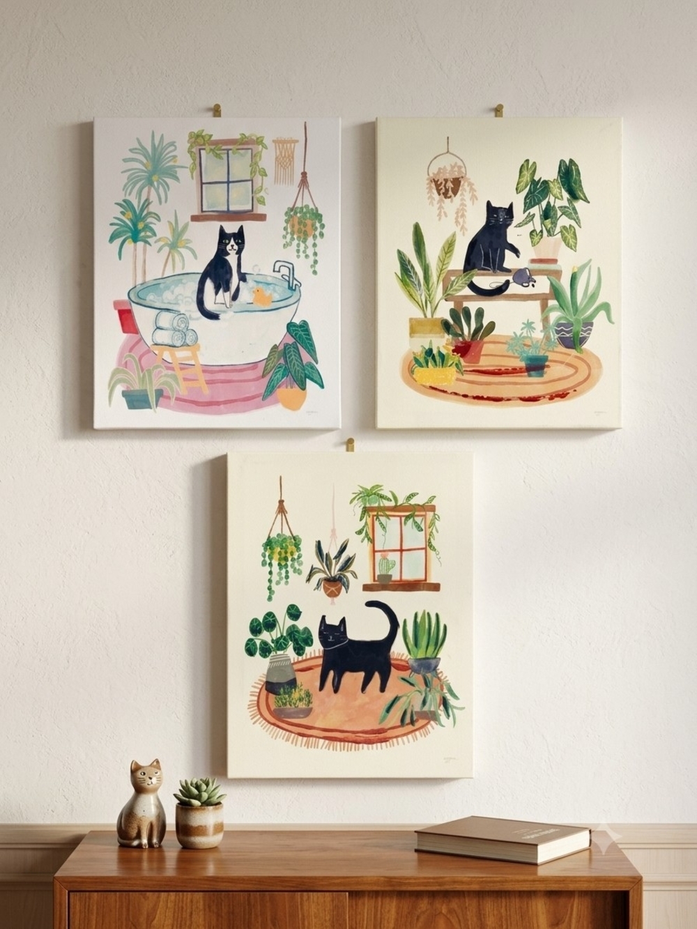Botanical Cat Wall Art Set - Black & Green Prints 11 By 14